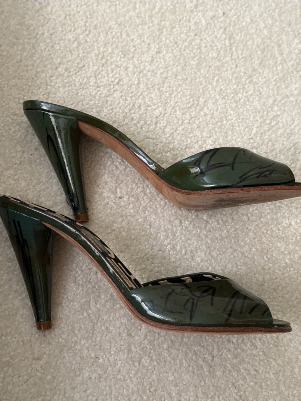 Patent Leather Open-Toe Heeled Mules in Olive Green